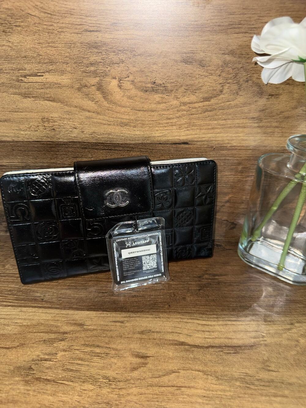 Chanel Icon Symbols Bifold Wallet Black Embossed Metallic Silver Kiss Lock